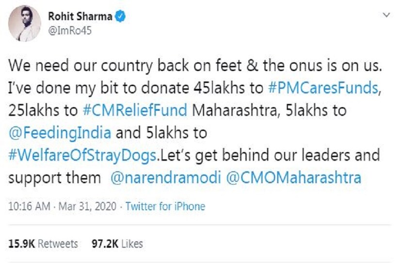 রোহিত শর্মা প্রধানমন্ত্রী, মুখ্যমন্ত্রী, কুকুরদের জন্য স্বেচ্ছ্বাসেবী সংগঠনকে আলাদা আলাদা করে মোট ৮০ লক্ষ টাকার অনুদান দিয়েছে ৷ Photo Courtesy- Twitter 