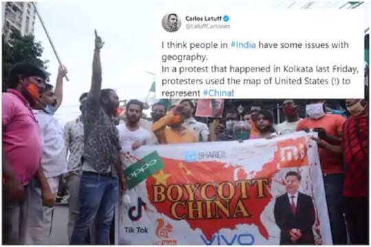 Anti-China protests held in Kolkata used the wrong map to represent China | Image credit: Twitter/Getty Images