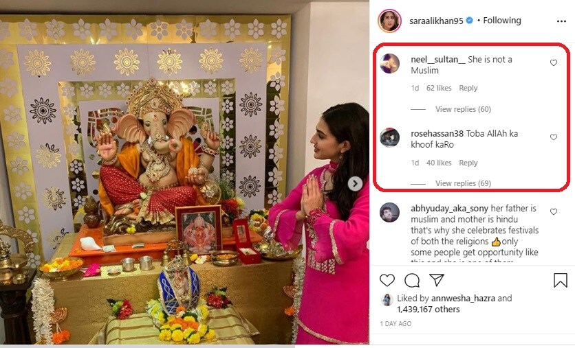 • তবে এর মধ্যেও কয়েকজন অবশ্য সারার পক্ষে দাঁড়িয়ে বলেন, সারা শুধুমাত্র একজন মুসলমান নন । তাঁর মা হিন্দু । তাই প্রতিটি ধর্মের উৎসবই তিনি সমানভাবে অংশ গ্রহণ করেন । ছবি: ইনস্টাগ্রাম । • তবে এর মধ্যেও কয়েকজন অবশ্য সারার পক্ষে দাঁড়িয়ে বলেন, সারা শুধুমাত্র একজন মুসলমান নন । তাঁর মা হিন্দু । তাই প্রতিটি ধর্মের উৎসবই তিনি সমানভাবে অংশ গ্রহণ করেন । ছবি: ইনস্টাগ্রাম ।