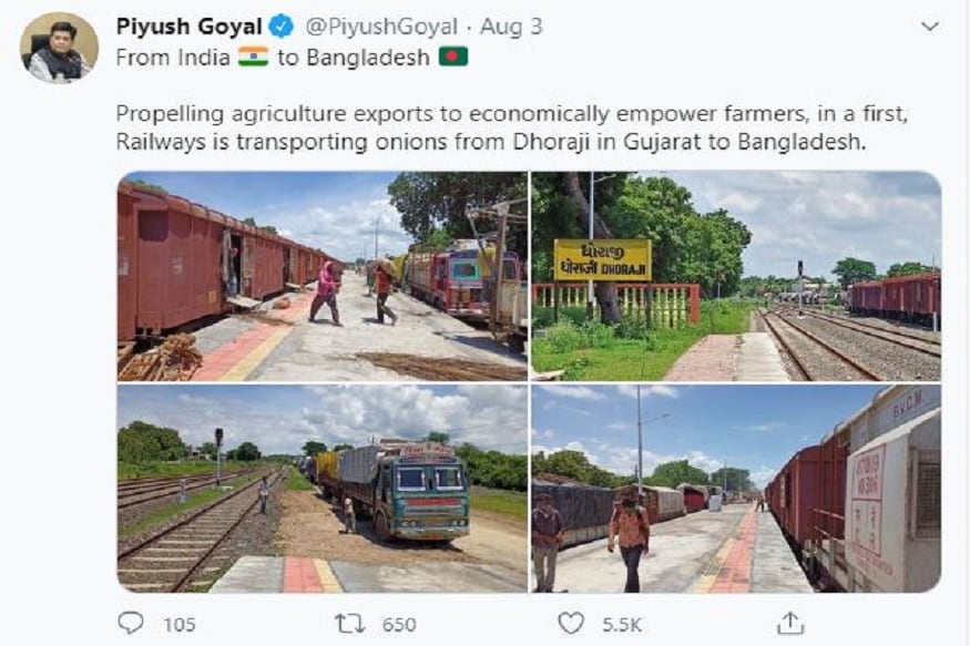 ▪️শুকনো লঙ্কাবাহী একটি পণ্যবাহী ট্রেন ১৬টি কন্টেনার নিয়ে বাংলাদেশের বেনাপোলের উদ্দেশ্যে যাত্রা শুরু করে। ট্রেনটিতে প্রায় ৩৮৪ টন শুকনো লঙ্কা আছে। রেলপথে প্রতি টন শুকনো লঙ্কা পরিবহণ খাতে খরচ পড়ছে ৪ হাজার ৬০৮ টাকা, যা সড়কপথের প্রতি টন পিছু খরচ ১২ হাজার টাকার তুলনায় অনেক কম এবং ব্যয় সাশ্রয়ী। রেল মন্ত্রক সূত্রে জানানো হয়েছে, ভারতীয় রেল কোভিড মহামারীর সময় পণ্যবাহী ট্রেন পরিষেবা বাড়াতে একাধিক উদ্যোগ গ্রহণ করেছিল। গত ২২শে মার্চ থেকে ৪ আগস্ট পর্যন্ত ভারতীয় রেল প্রায় ৭ হাজার পণ্যবাহী ট্রেন পরিষেবা দিয়েছে। এর মধ্যে ৯০% ট্রেন সঠিক সময়ে পণ্য পৌছে দিতে পেরেছে নির্দিষ্ট গন্তব্যে। (Input-Abir Ghoshal) ▪️শুকনো লঙ্কাবাহী একটি পণ্যবাহী ট্রেন ১৬টি কন্টেনার নিয়ে বাংলাদেশের বেনাপোলের উদ্দেশ্যে যাত্রা শুরু করে। ট্রেনটিতে প্রায় ৩৮৪ টন শুকনো লঙ্কা আছে। রেলপথে প্রতি টন শুকনো লঙ্কা পরিবহণ খাতে খরচ পড়ছে ৪ হাজার ৬০৮ টাকা, যা সড়কপথের প্রতি টন পিছু খরচ ১২ হাজার টাকার তুলনায় অনেক কম এবং ব্যয় সাশ্রয়ী। রেল মন্ত্রক সূত্রে জানানো হয়েছে, ভারতীয় রেল কোভিড মহামারীর সময় পণ্যবাহী ট্রেন পরিষেবা বাড়াতে একাধিক উদ্যোগ গ্রহণ করেছিল। গত ২২শে মার্চ থেকে ৪ আগস্ট পর্যন্ত ভারতীয় রেল প্রায় ৭ হাজার পণ্যবাহী ট্রেন পরিষেবা দিয়েছে। এর মধ্যে ৯০% ট্রেন সঠিক সময়ে পণ্য পৌছে দিতে পেরেছে নির্দিষ্ট গন্তব্যে। (Input-Abir Ghoshal)