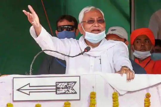 Bihar Chief Minister Nitish Kumar addresses an election meeting, at Raghunathpur consistency in Siwan district on October 20, 2020. (PTI Photo)