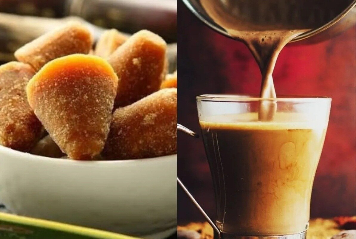 এ বার দেখে নিন কী ভাবে বানাবেন গুড়ের চা! উপাদান: ১. দুই কাপ দুধ | ২. এক কাপ জল | ৩. আদা | ৪. চা-চামচের অর্ধেক পরিমাণ গোলমরিচ | ৫. পরিমাণ মতো মৌরি | ৬. চারটি ছোট এলাচের গুঁড়ো | ৭. দুই চা-চামচ চায়ের পাতা | ৮. তিন-চার চা-চামচ পরিমাণ গুড় এ বার দেখে নিন কী ভাবে বানাবেন গুড়ের চা! উপাদান: ১. দুই কাপ দুধ | ২. এক কাপ জল | ৩. আদা | ৪. চা-চামচের অর্ধেক পরিমাণ গোলমরিচ | ৫. পরিমাণ মতো মৌরি | ৬. চারটি ছোট এলাচের গুঁড়ো | ৭. দুই চা-চামচ চায়ের পাতা | ৮. তিন-চার চা-চামচ পরিমাণ গুড়
