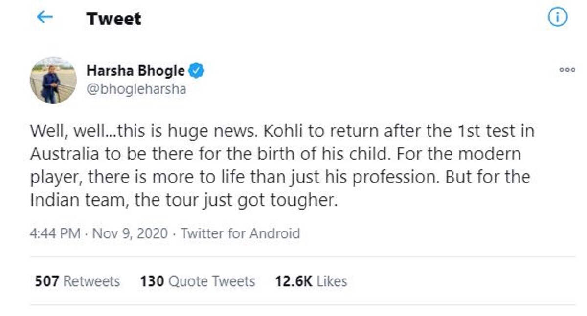 এই অবস্থায় নেটিজেনরাও নিজেদের নানা রকম মন্তব্য নিয়ে চলে এসেছেন৷ ঘুরিয়ে কোথাও বিরাটের সিদ্ধান্তকে বিঁধলেন ক্রিকেট বিশেষজ্ঞ ও ধারাভাষ্যকর হর্ষ ভোগলে৷ তিনি নিজের ট্যুইটে লিখেছেন , Well, well...this is huge news. Kohli to return after the 1st test in Australia to be there for the birth of his child. For the modern player, there is more to life than just his profession. But for the Indian team, the tour just got tougher. অর্থাৎ ‘আচ্ছা, আচ্ছা এটা একটা বিশাল খবর৷ নিজের সন্তানের জন্মের জন্য প্রথম টেস্টের পর ফিরে আসবেন বিরাট৷ আধুনিক প্রজন্মের খেলোয়াড়দের কাছে পেশার থেকে বড় অনেক কিছু আছে৷ কিন্তু ভারতীয় দলের জন্য বিষয়টা আরও কঠিন হয়ে গেল৷ ’Photo Courtesy- Twitter এই অবস্থায় নেটিজেনরাও নিজেদের নানা রকম মন্তব্য নিয়ে চলে এসেছেন৷ ঘুরিয়ে কোথাও বিরাটের সিদ্ধান্তকে বিঁধলেন ক্রিকেট বিশেষজ্ঞ ও ধারাভাষ্যকর হর্ষ ভোগলে৷ তিনি নিজের ট্যুইটে লিখেছেন , Well, well...this is huge news. Kohli to return after the 1st test in Australia to be there for the birth of his child. For the modern player, there is more to life than just his profession. But for the Indian team, the tour just got tougher. অর্থাৎ ‘আচ্ছা, আচ্ছা এটা একটা বিশাল খবর৷ নিজের সন্তানের জন্মের জন্য প্রথম টেস্টের পর ফিরে আসবেন বিরাট৷ আধুনিক প্রজন্মের খেলোয়াড়দের কাছে পেশার থেকে বড় অনেক কিছু আছে৷ কিন্তু ভারতীয় দলের জন্য বিষয়টা আরও কঠিন হয়ে গেল৷ ’Photo Courtesy- Twitter