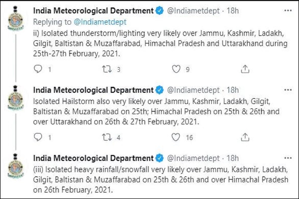 IMD -র জারি করা পূর্বভাস অনুযায়ি জম্মু-কাশ্মীর, লাদাখ, গিলগিট, বালিস্তান, মুজফরাবাদের অধিকাংশ জায়গায় আগামী পাঁচদিন ধরে লাগাতার বৃষ্টি হবে৷ অন্যদিকে হিমাচল প্রদেশে থেমে থমে বরফপাত হবে৷ উত্তরাখণ্ডেও আগামী পাঁচদিনের জন্য সতর্কবার্তা জারি করা হয়েছে৷ IMD -র জারি করা পূর্বভাস অনুযায়ি জম্মু-কাশ্মীর, লাদাখ, গিলগিট, বালিস্তান, মুজফরাবাদের অধিকাংশ জায়গায় আগামী পাঁচদিন ধরে লাগাতার বৃষ্টি হবে৷ অন্যদিকে হিমাচল প্রদেশে থেমে থমে বরফপাত হবে৷ উত্তরাখণ্ডেও আগামী পাঁচদিনের জন্য সতর্কবার্তা জারি করা হয়েছে৷