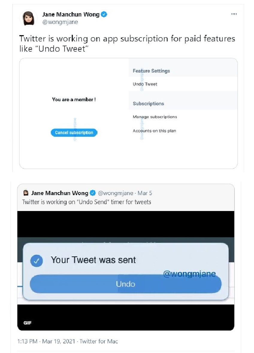 WhatsApp-এর মতোই কিছু সময়ের ব্যবধানে Twitter থেকেও ট্যুইট ডিলিট করা যাবে। ট্যুইট এডিট অপশনের খাতিরেই এই নতুন ফিচার আসছে Twitter-এ। বিষয়টি সবার প্রথম জানিয়েছেন ইঞ্জিনিয়ার জেন মানচুন ওং (Jane Manchun Wong)। WhatsApp-এর মতোই কিছু সময়ের ব্যবধানে Twitter থেকেও ট্যুইট ডিলিট করা যাবে। ট্যুইট এডিট অপশনের খাতিরেই এই নতুন ফিচার আসছে Twitter-এ। বিষয়টি সবার প্রথম জানিয়েছেন ইঞ্জিনিয়ার জেন মানচুন ওং (Jane Manchun Wong)।