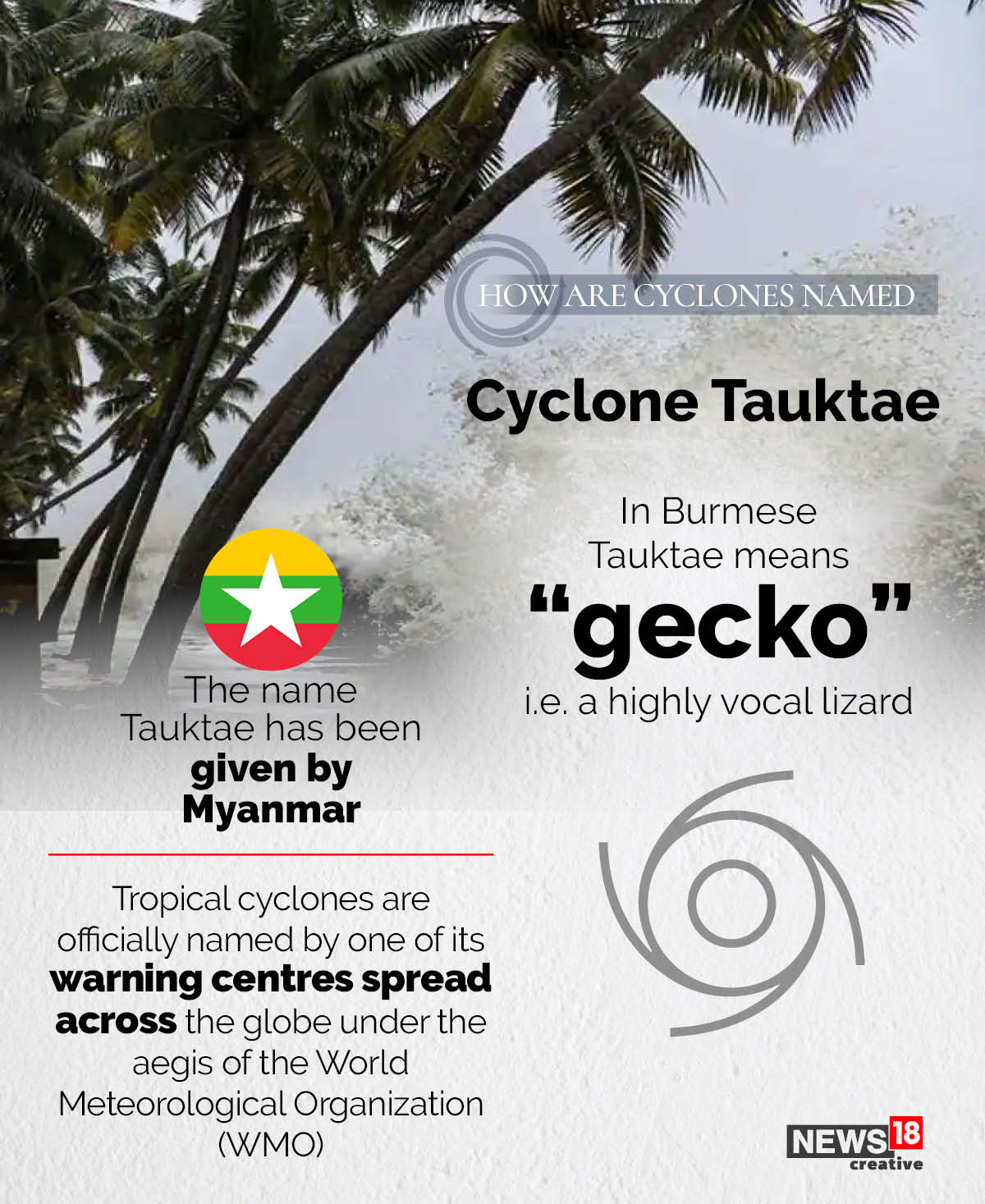 Cyclone Tauktae নামটি মায়ানমারের দেওয়া। মায়ানমার শব্দ ‘গেকো’ থেকেই এসেছে তওতে নামটি। যার মানে উচ্চস্বর যুক্ত টিকটিকি জাতীয় প্রাণী (highly vocal lizard)। Cyclone Tauktae নামটি মায়ানমারের দেওয়া। মায়ানমার শব্দ ‘গেকো’ থেকেই এসেছে তওতে নামটি। যার মানে উচ্চস্বর যুক্ত টিকটিকি জাতীয় প্রাণী (highly vocal lizard)।