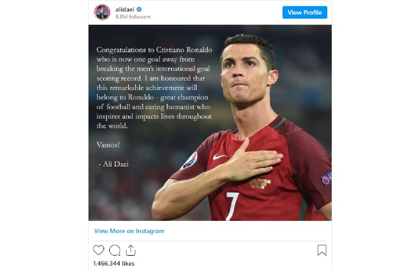 ফ্রান্সের বিরুদ্ধে জোড়া গোল করেছিলেন রোনাল্ডো। দুটোই পেনাল্টি থেকে। তাঁর গোলেই ইউরো কাপের শেষ ১৬-য় জায়গা পাকা করেছিল রোনাল্ডো। আর এমন দিনেই ইরানের আলি দায়ি শুভেচ্ছা জানালেন রোনাল্ডোকে। তিনি লিখলেন, রোনাল্ডোর মতো চ্যাম্পিয়ন তাঁর রেকর্ড ভাঙায় তিনি খুশি। 