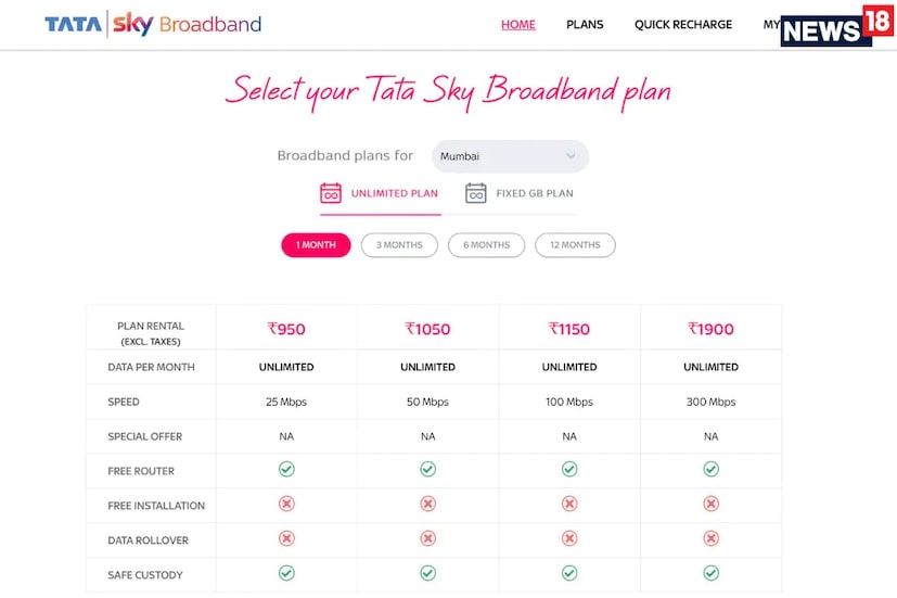 TataSky এর ৯৫০ ব্রডব্যান্ড প্ল্যান - Tata Sky এর এই ব্রডব্যান্ড প্ল্যানটি ৯৫০ টাকায় উপলব্ধ, ডেটা স্পিড দেওয়া হয় ১০০ এমবিপিএস ও এক মাসের ভ্যালিডিটি। ৩ মাস, ৬ মাস, ১২ মাসের সাবস্ক্রিপশন সহ এই প্ল্যানটি ছিল ২৭০০, ৪৫০০, ৮৪০০ টাকায় উপলব্ধ যা এখন কমে হয়েছে ৯০০, ৭৫০, ৭০০ টাকায়।