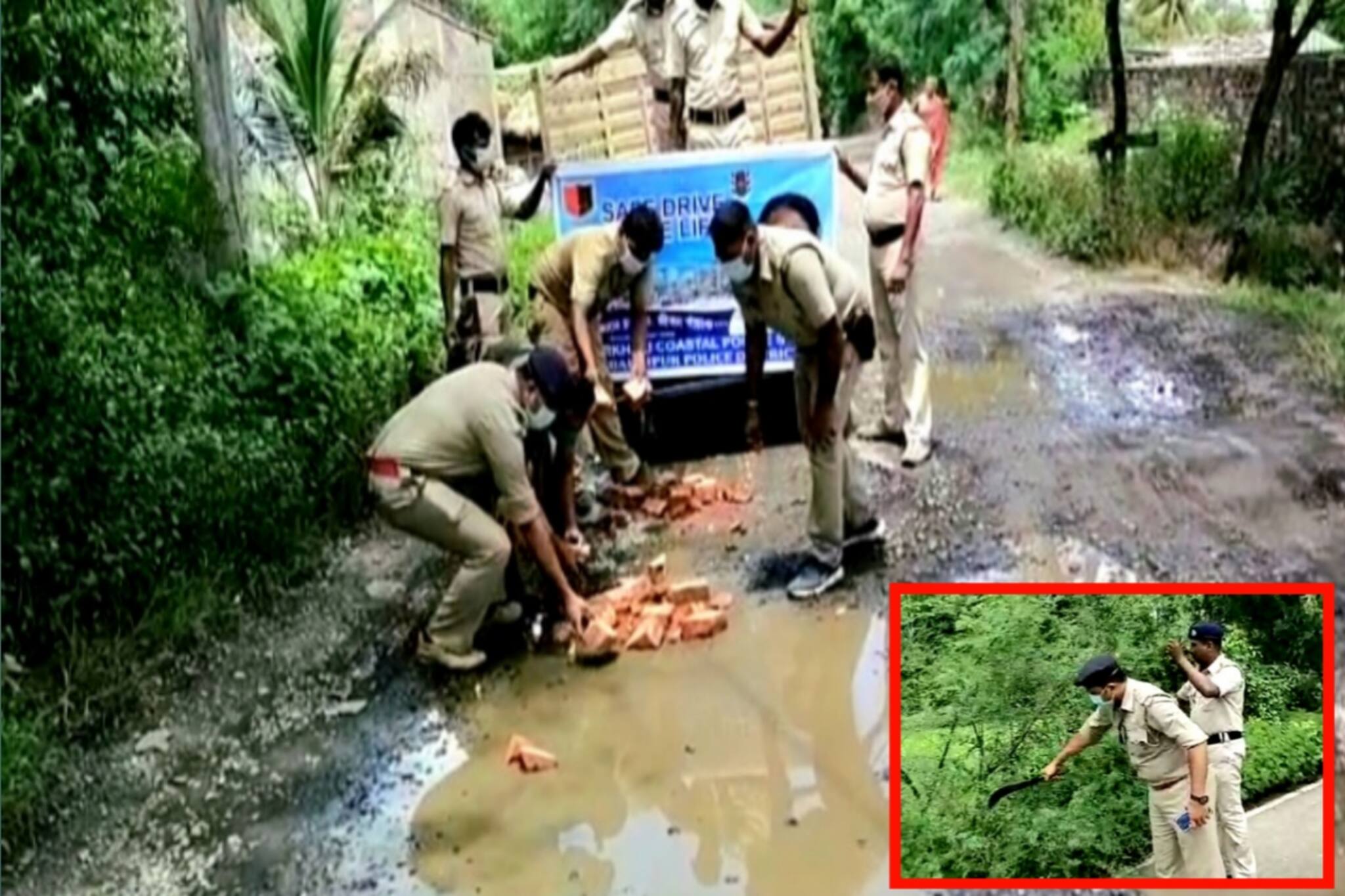 উর্দি পড়েই রাস্তা সারাই পুলিশের