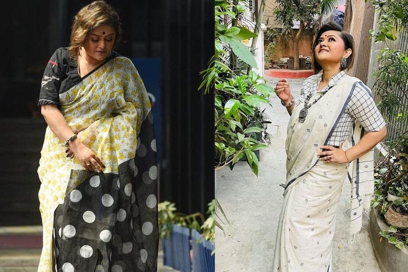 ৫) কনীনিকা বন্দ্যোপাধ্যায়- সপ্তমীর সকালে এই দুটি লুক ট্রাই করতে পারেন। সুতির শাড়ির সঙ্গে এমন হাতায় প্লিট করা ব্লাউজ এখন ইন। অথবা এমন চেকসে শার্ট প্যাটার্নের ব্লাউজ পরুন। সঙ্গে জাঙ্ক জুয়েলরিস পরে সাজ সম্পূর্ণ করুন। 