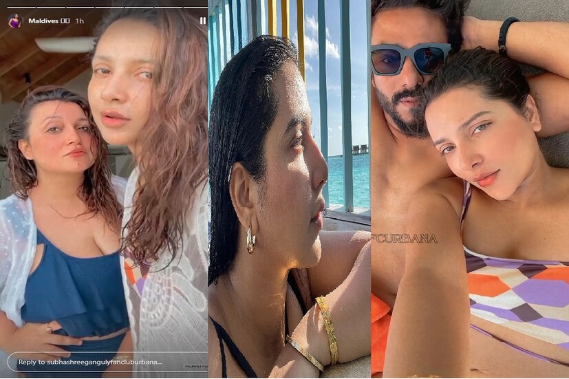 *বৃহস্পতিবার সকাল সকাল ইনস্টাগ্রামে প্রথমে নিজের একটি স্নানসিক্ত ছবি শেয়ার করেন শুভশ্রী। তার কিছুক্ষণের মধ্যেই স্বামী রাজের সঙ্গে অন্তরঙ্গ মুহূর্তের ঝলক সামনে আসে। রাজের বুকে মাথা রাখা সে এক আদুরে ছবি। রাজের চোখে কালো সানগ্লাস। দুটি ছবিতেই মনোকিনি এবং বিকিনিতে লাস্যময়ী নায়িকা। ছবি: ইনস্টাগ্রাম। 