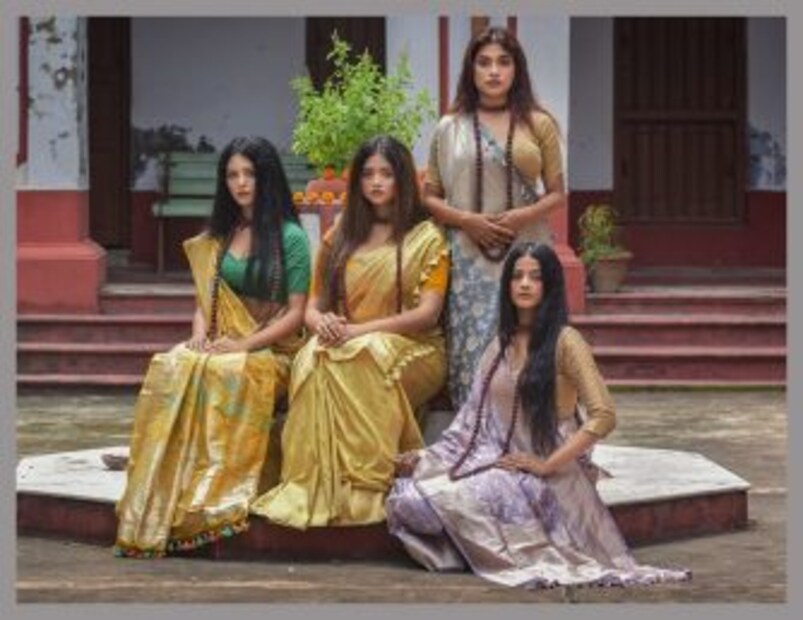 পছন্দের বেনারসি এখন শুধু বিয়েতে না, বরং পুজোর সাজেও এনেছে অন্য ছোঁয়া। (ছবি-- বাঁ থেকে ডান- ব্রোকেড কাতান বেনারসি, কাতান বেনারসি কোরিয়াল, কাতান বেনারসি জংলা পাওরি উইভ, শেষটিও এক। সৌ: ইন্ডিলুম/সুজাতাম লাইফস্টাইল)