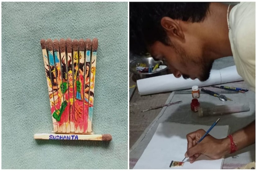 তুলির টানে সূক্ষাতিসূক্ষ কাজ করার নজির রয়েছে বিশ্বের একাধিক শিল্পীদের। ঠিক তেমনি নজির এক যুবক শিল্পীর খোঁজ মিললো বীরভূমে। বীরভূমের ডেউচা গ্রাম পঞ্চায়েতের গামিরা গ্রামের ২২ বছর বয়সি ওই যুবক সুশান্ত মণ্ডল। তার হাত ধরে সূক্ষ্ম তুলিতে ফুটে উঠেছে নানান শিল্পকীর্তি (Durga Puja 2021)।