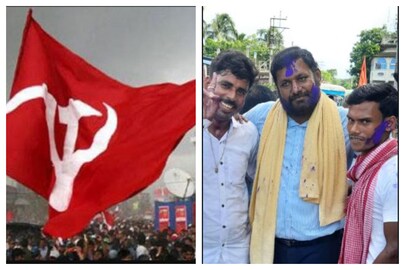 নীল আবির মেখে প্রচারে সিপিএম প্রার্থী সৌমেন মাহাতো৷ 