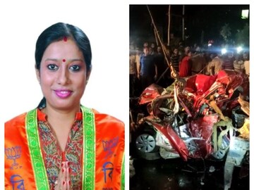 পথ দুর্ঘটনায় মৃত্যু ৮৬ নম্বর ওয়ার্ডের বিজেপি কো অর্ডিনেটর তিস্তা বিশ্বাসের৷ (ডানদিরে) দুমড়ে মুচড়ে যাওয়া গাড়ি৷ 