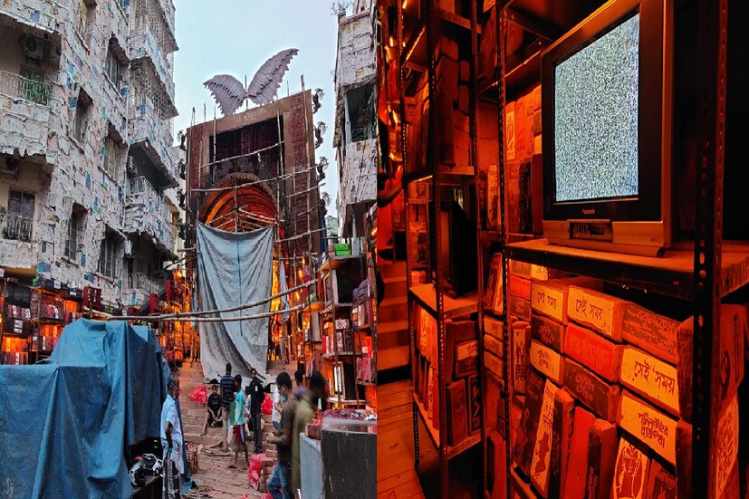 *বেলেঘাটা ৩৩ পল্লির এ বারের থিমের পোশাকি নাম 'মুক্তির অলিন্দে'। করোনাকালীন জীবন মানুষ কীভাবে কাটিয়েছে, সেই বিষয়টিকে কেন্দ্র করেই তৈরি হয়েছে মণ্ডপ। বেলেঘাটা ৩৩ পল্লির মণ্ডপ সাজিয়ে তুলেছেন শিল্পী শিবশঙ্কর দাস। 