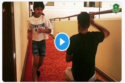 icc t20 world cup 2021: babar azam and his teammates played cricket with kids in team hotel- Photo Courtesy- Twitter/ Video Grab 