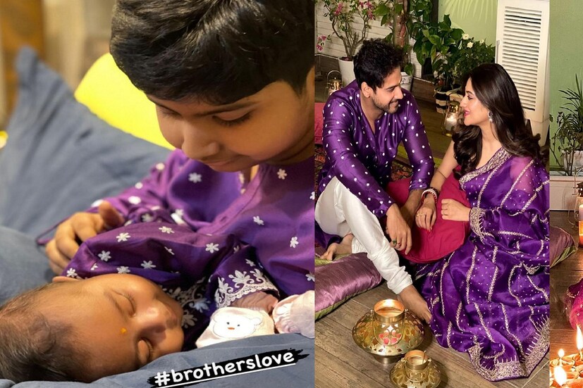 *দীপাবলির সন্ধ্যায় নুসরত-জশ-রিয়াংশ এবং ঈশান চারজনেই পোশাক পরেছিলেন রঙ মিলিয়ে। বেগুনি শাড়িতে নুসরত। হাতে শাঁখা-পলা। সিঁথিতে সিঁদুর, কপালে ছোট্ট টিপ। যশের পরনে বেগুনি পাঞ্জাবি, সাদা সিল্কের পাজামা। ছবিঃ ইনস্টাগ্রাম। 