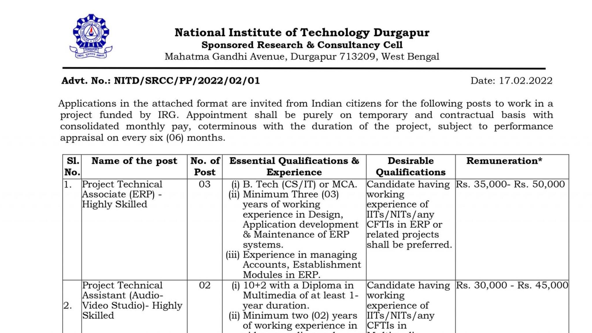 West Bardhaman News- দুর্গাপুর এনআইটি’তে মাসিক বড় প্যাকেজে কাজের সুবর্ণ সুযোগ