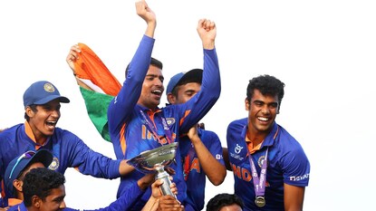India have lifted their fifth #U19CWC trophy after beating England in the 2022 final (Photo Courtesy: ICC/Twitter) India have lifted their fifth #U19CWC trophy after beating England in the 2022 final (Photo Courtesy: ICC/Twitter)