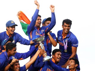 India have lifted their fifth #U19CWC trophy after beating England in the 2022 final (Photo Courtesy: ICC/Twitter)