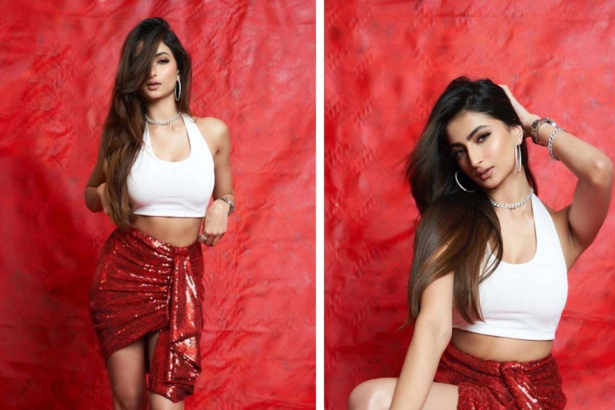 লাল সিক্যুয়েন্সের স্কার্ট, সাদা ব্রালেটে কে এই বলিউড অভিনেত্রী? চিনতে পারছেন?