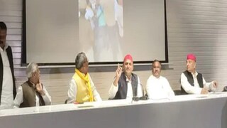 Akhilesh Yadav at SP headquarters in Lucknow on March 8, 2022. (Image: News18)