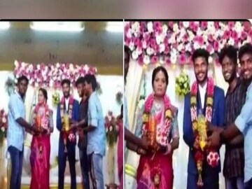 নবদম্পতিকে উপহার তুলে দিচ্ছেন বন্ধুরা৷ Photo-ANI