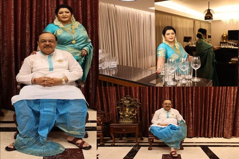 *রঙ মেলানো পোশাক। চিরাচরিত ছন্দে মেয়ে মহুলকে নিয়ে বাংলা নববর্ষ পালন করলেন শোভন চট্টোপাধ্যায় এবং বৈশাখী বন্দ্যোপাধ্যায়। ছবি:ফেসবুক। 