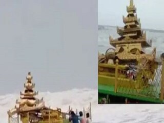 Viral Video: asani cyclone effect chariot like golden colour structure washed to andhra pradesh shore
