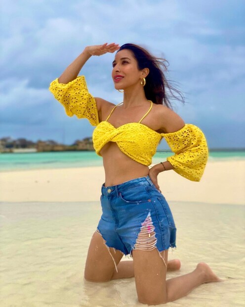ডেনিম শর্টসের সঙ্গে হলুদ রঙের ক্রপ টপ। সিবিচে উষ্ণতা বাড়াচ্ছেন সোফি।
