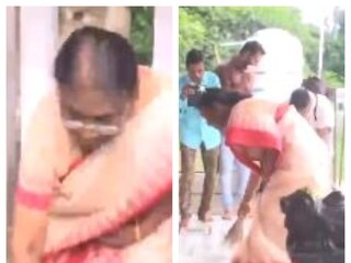 ওড়িশার মন্দিরে ঝাঁট দিচ্ছেন দ্রৌপদী মুর্মু৷ Photo- ANI