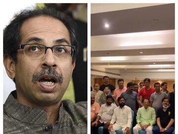 সুরাতের হোটেলে বিদ্রোহী বিধায়কদের নিয়ে একনাথ শিন্ডে (ডানদিকে)৷ সঙ্কটে উদ্ধব সরকার৷ 