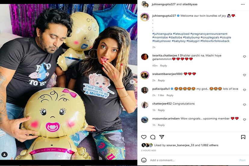 *ইনস্টাগ্রাম ক্যাপশনে জুহি লিখেছেন, &quot;Welcome our twin bundles of joy 🤱🏻❤️.&quot;। অন্যদিকে ফেসবুক ক্যাপশনে লিখেছেন, &quot;Double the joy; It’s a girl and a boy07/07/2022&quot;। ছবি: ইনস্টাগ্রাম। 