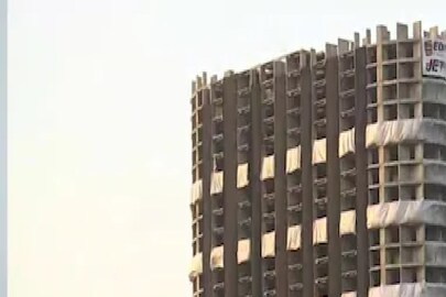 Morning visuals of Supertech Twin Towers in Sector 93A, Noida, which will be demolished on Sunday 2:30pm. (Photo: ANI)
