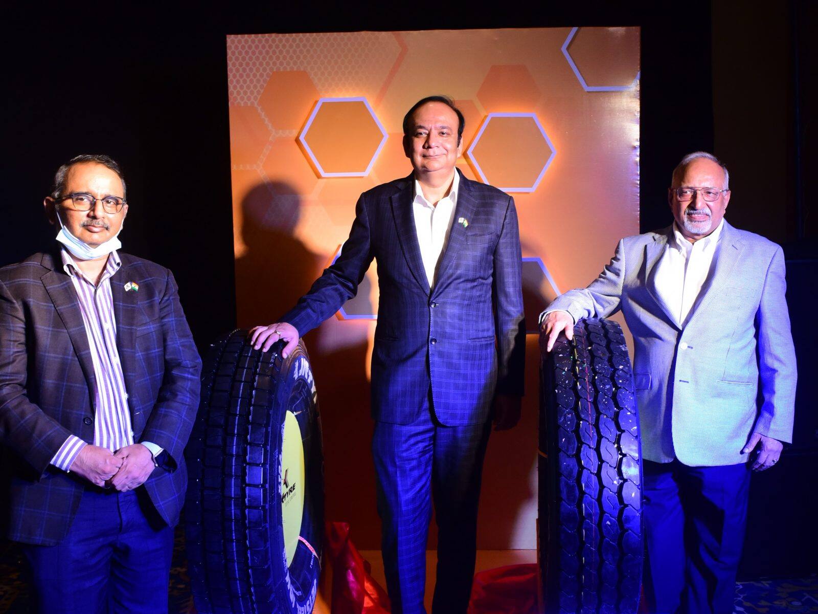 Mr. Srinivasu Allaphan, Director-Sales & Marketing, JK Tyre, Mr. Anuj Kathuria, President (India), JK Tyre & Mr. VK Misra, Technical Director, JK Tyre at the launch of the new TBR offerings in Kolkata