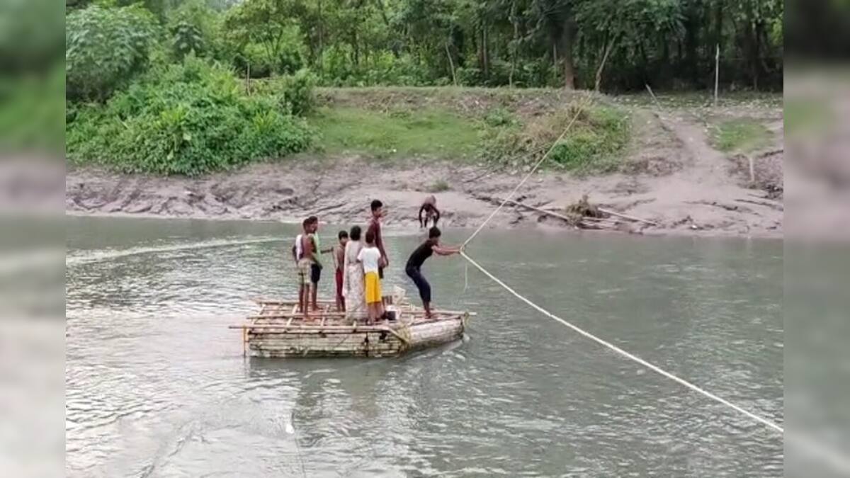 There is no bridge to go to Mahakaldham,A raft of thermocol has to be