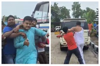 আক্রান্ত তৃণমূল নেতা তারক জানা (আকাশি পাঞ্জাবি)৷ প্রাণভয়ে পালাচ্ছেন তিনি (ডান দিকে)৷