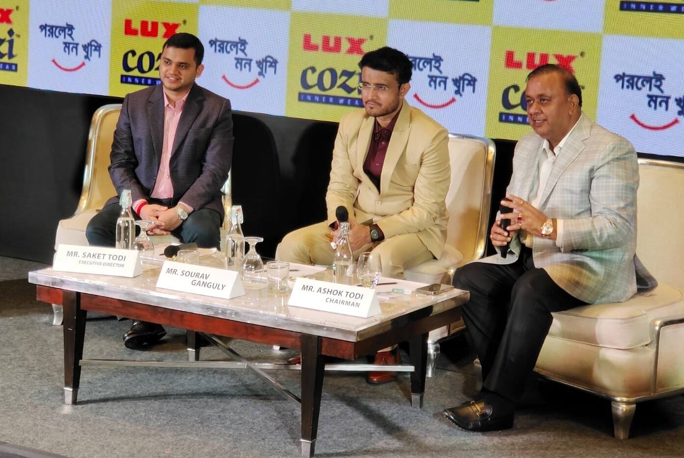 Ashok Todi, Chairman, Lux Industries and Saket Todi, Executive Director, Lux Industries along with the new brand ambassador of Lux Cozi Mr Sourav Ganguly at the announcement