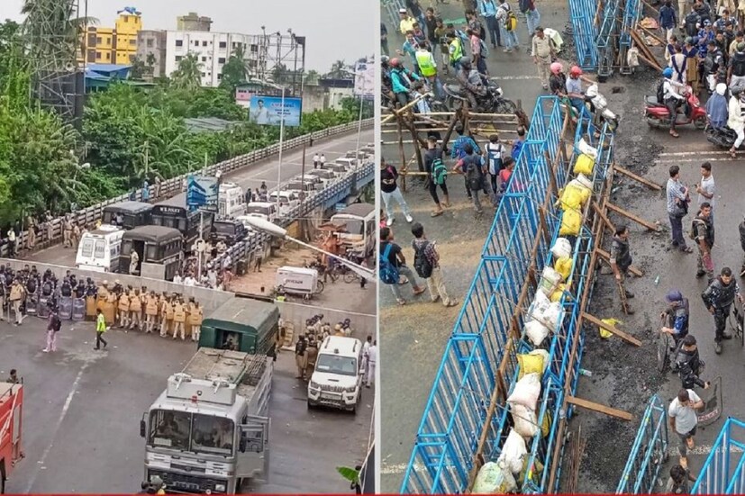 ব্যারিকেড ভাঙতে না পেরে টপকানোর চেষ্টা করে বিজেপি কর্মী সমর্থকেরা। পুলিশকে লক্ষ্য করে ইট ছোড়ার অভিযোগ বিজেপি কর্মীদের বিরুদ্ধে।