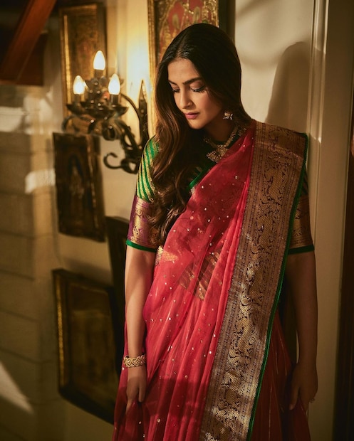 নতমুখে, নতুন বৌয়ের সাজে সিঁড়িতে দাঁড়িয়ে ক্যামেরায় পোজ দিলেন সোনম