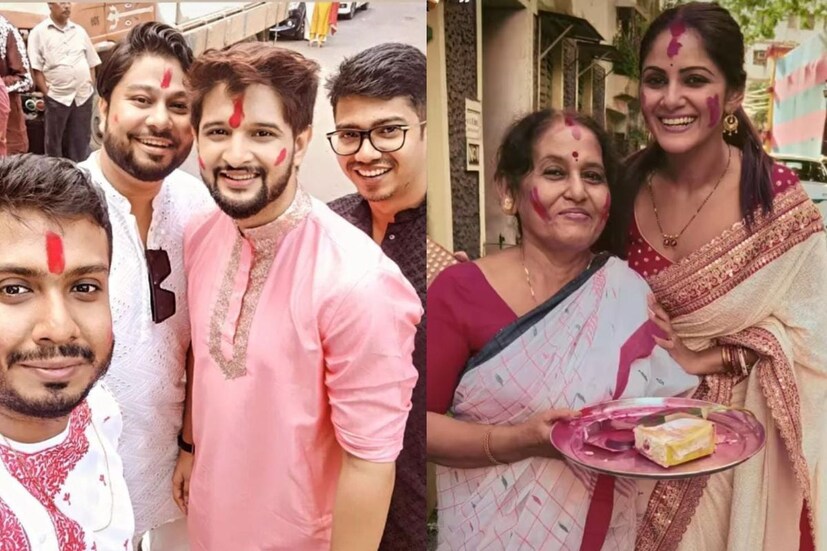 বন্ধুদের সঙ্গে সিঁদুরখেলায় মেতেছেন আরও এক তারকা দম্পতি, নীল ভট্টাচার্য-তৃণা সাহা। লাল-সাদা-গোলাপির মিশেেল 'তৃনীল'-এর বিজয়া দশমী।