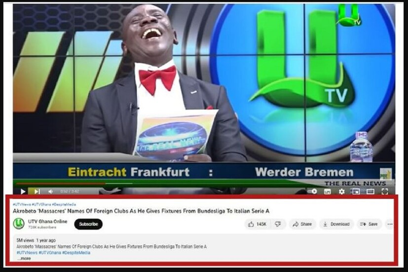 এছাড়াও কি ওয়ার্ড সার্চ “Akrobeto, “UTV Ghana” &amp; “laughing” - ইউটিউব থেকে UTV Ghana Online- এ অক্টোবর ৩১ অক্টোবর ২০২০ এই ভিডিও-র লিঙ্ক পাওয়া যায়৷ সেখানে ভিডিওটির রেফারেন্স অ্যাক্রোবেতো ম্যাসাকারাস ফরেন ক্লাব - বুন্দেশলিগা থেকে ইতালিয়ান সিরি এ৷ Photo - Collected 