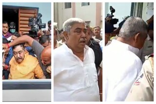 বোলপুরের বাড়িতে গ্রেফতারির দিন অনুব্রত (একদম বাঁদিকে)৷ শুক্রবার আসানসোল আদালতে পেশ করার সময়ে অনুব্রত৷ ছবি- পিটিআই ও অর্পণ চক্রবর্তী