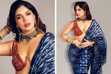 সুগভীর বিভাজিকা, এম্ব্রয়ডারি করা চোলি- নীল শাড়িতে বন্ধুর বিয়েতে 'শো স্টপার' ভূমি