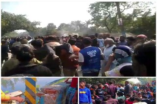 দুর্ঘটনাস্থলে মৃতদেহ রাস্তায় রেখে বিক্ষোভকারীদের