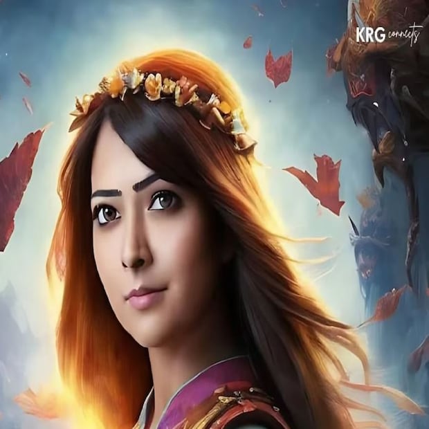 অভিনেত্রী রাধিকা পণ্ডিতকে একজন যোদ্ধা রাজকুমারীর মতো লাগছে। তাঁর মাথায় একটি সুন্দর ফুলের মুকুট  কমনীয়তা যোগ করে।