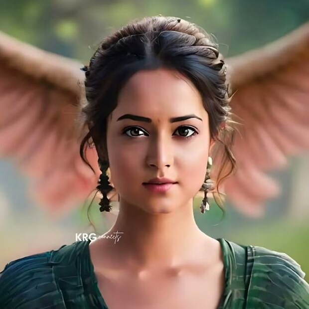 টলিউড অভিনেত্রী সানভি শ্রীবাস্তবের একটি অনন্য চুলের স্টাইল রয়েছে। পটভূমিতে উড়ন্ত একটি পাখি একটি কাল্পনিক সৃষ্টির মত দেখায়।