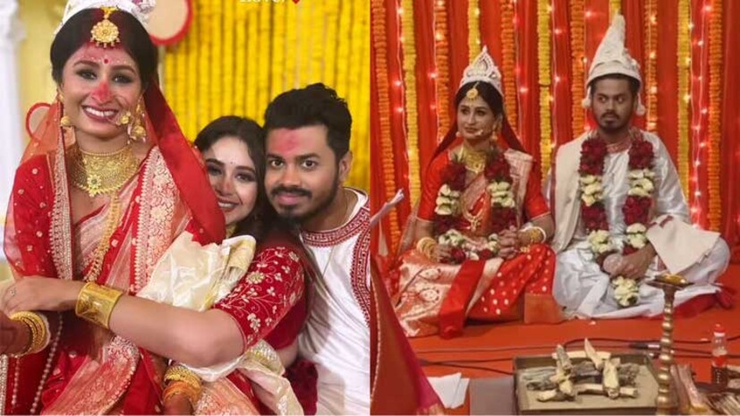ভারি সোনার গয়না পরেছিলেন তিনি। কপালে ছিল ছোট্ট লাল টিপ আর চন্দন। বিয়েতে মেহেন্দি, সংগীত ইত্যাদির স্রোতে গা না ভাসিয়ে, আলতায় হাত রাঙিয়েছিলেন চিত্রাঙ্গদা। এক অন্য আন্তরিকতা এঁকেছেন সাজে।