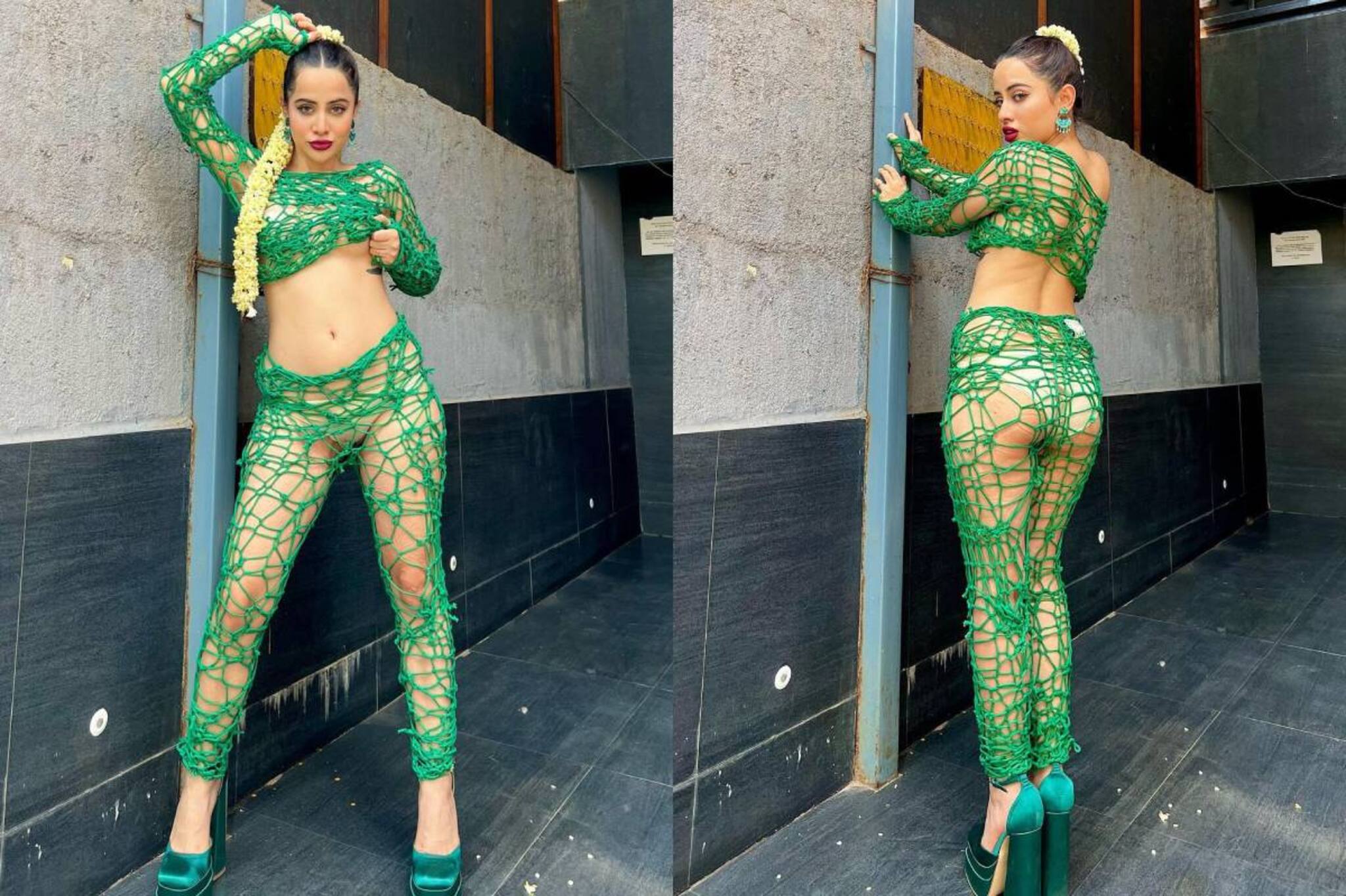 পার করে দিলেন সব সীমা! ত্বকের রংয়ের অন্তর্বাস, সবুজ জালে ধরা দিলেন উরফি জাভেদ